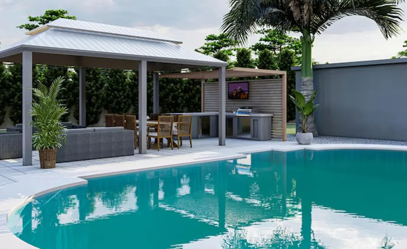 Covered outdoor kitchen and seating beside a pool by Heavenly Outdoor in Fulshear, TX