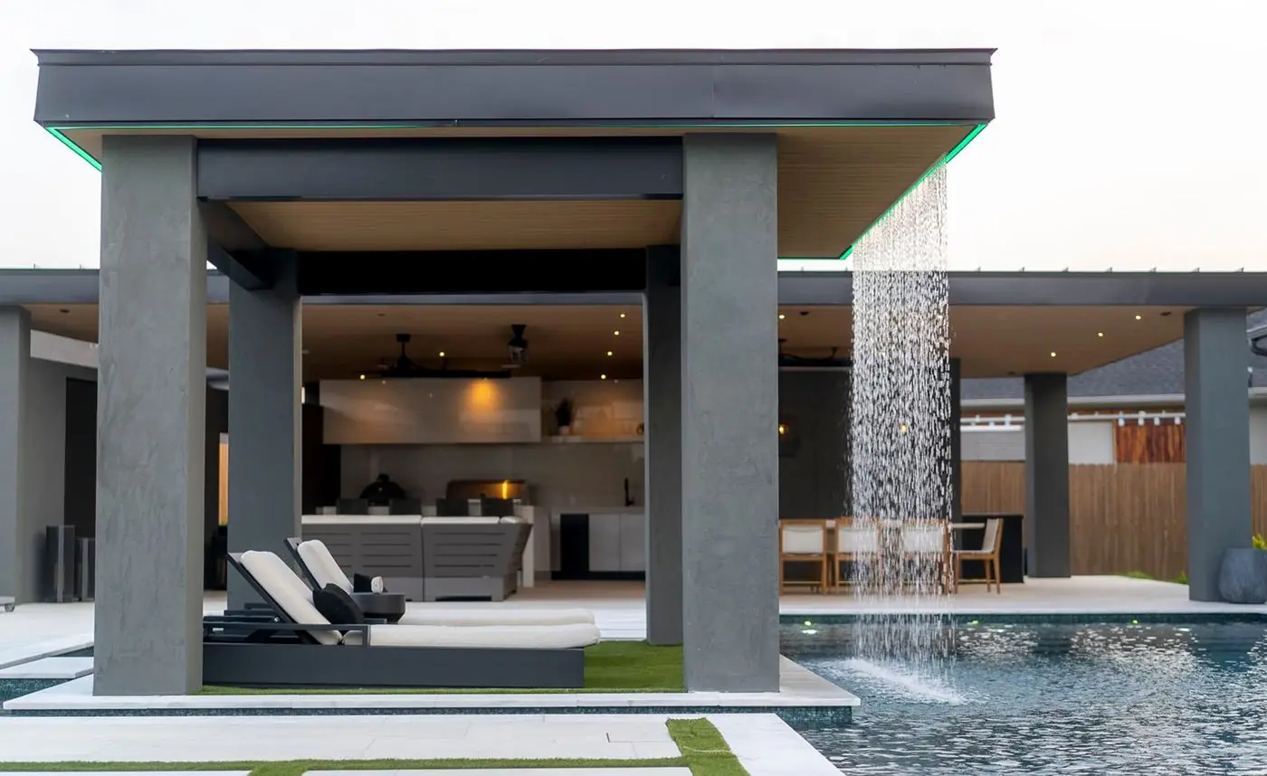 Custom pergola providing shade over an outdoor seating area