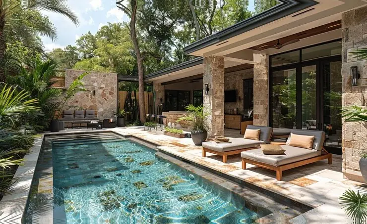 Mosaic-tile lap pool with stone patio and loungers by Heavenly Outdoor in Richmond, TX
