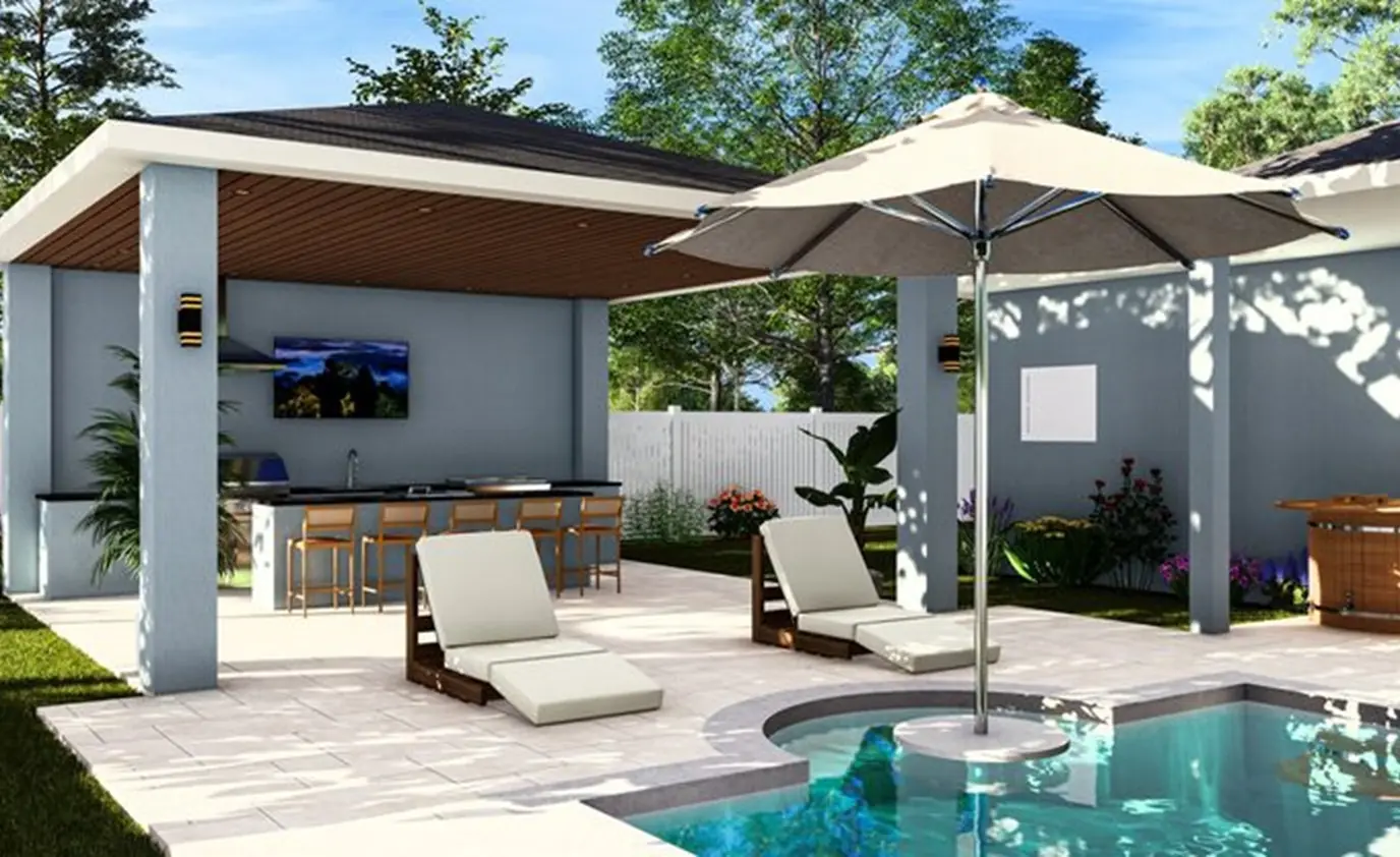 Covered outdoor kitchen pavilion beside a spa by Heavenly Outdoor in Richmond, TX